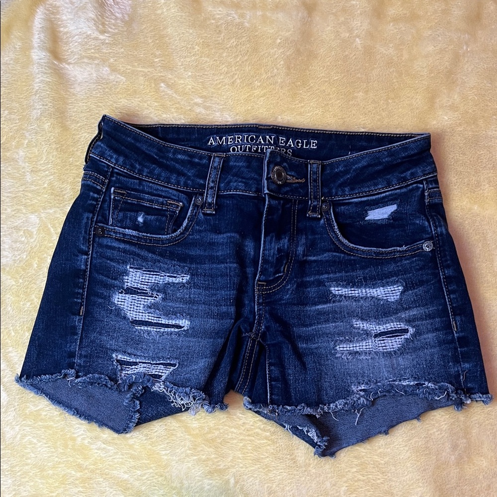 American Eagle Outfitters Dark Blue Distressed Jean Shorts